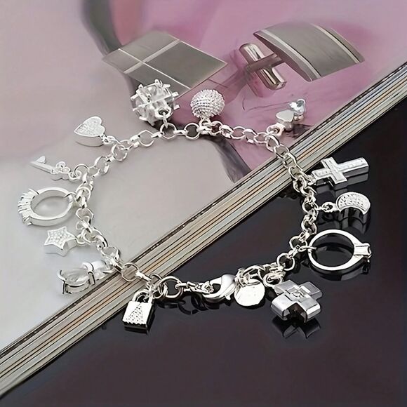 Silver Multi Charm Link Bracelet Adjustable Pendant Heart Ring Cross Star Key - Picture 1 of 6
